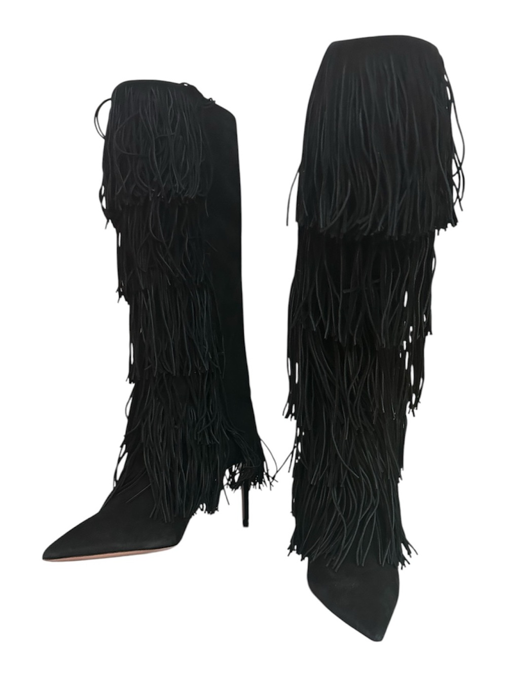 Aquazzura Black Fringe Over-the-Knee Pointed-Toe Stiletto Boots